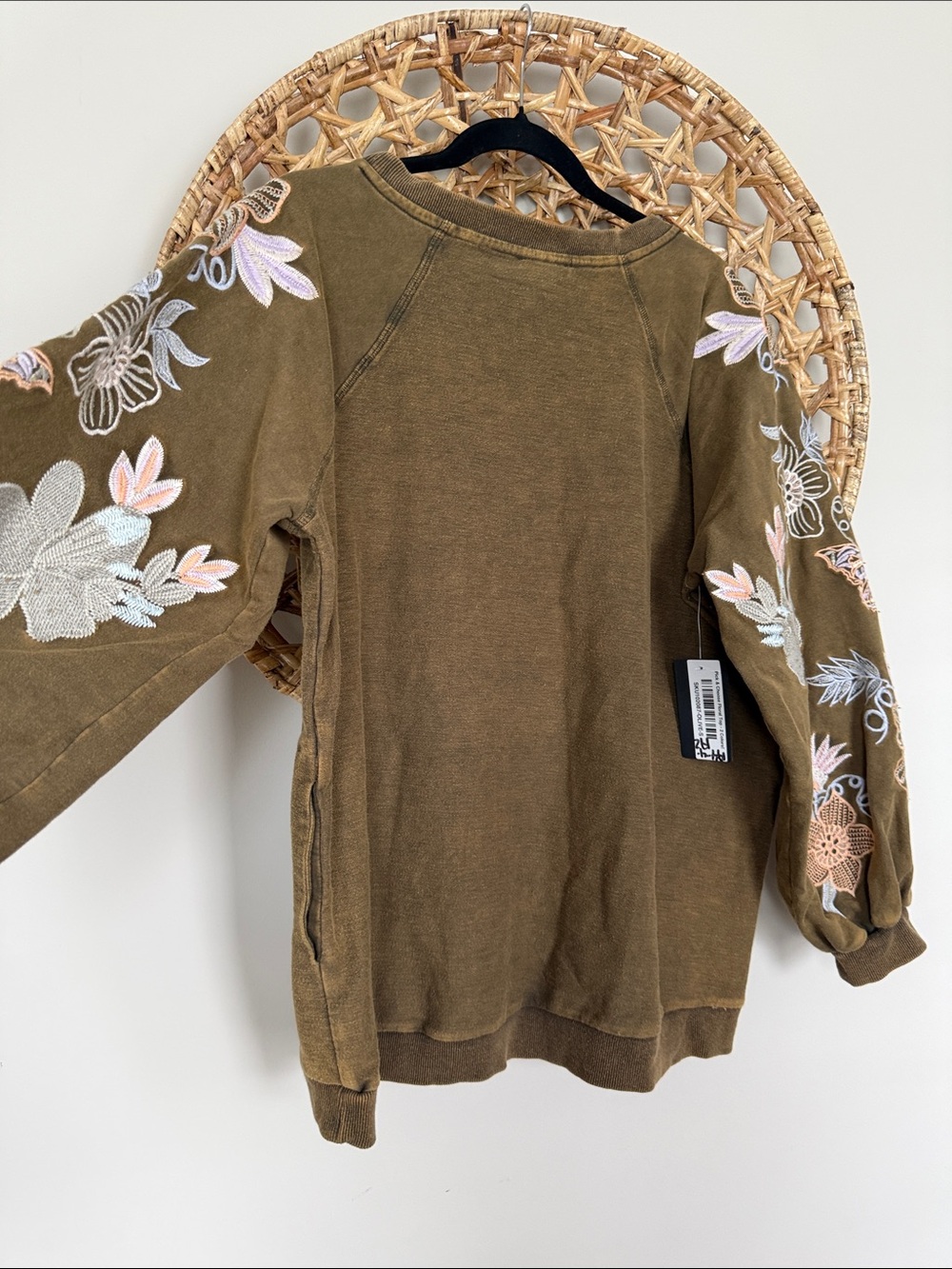 Blue Velvet Brand Mineral Washed Olive Embroidered Floral Sleeve Sweatshirt - Picture 8 of 15